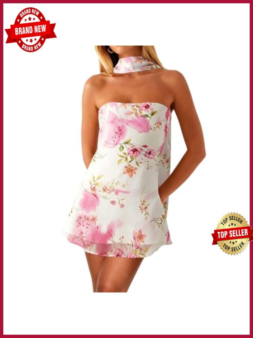 Strapless Floral Print Mini Dress with Scarf Mesh Backless Summer